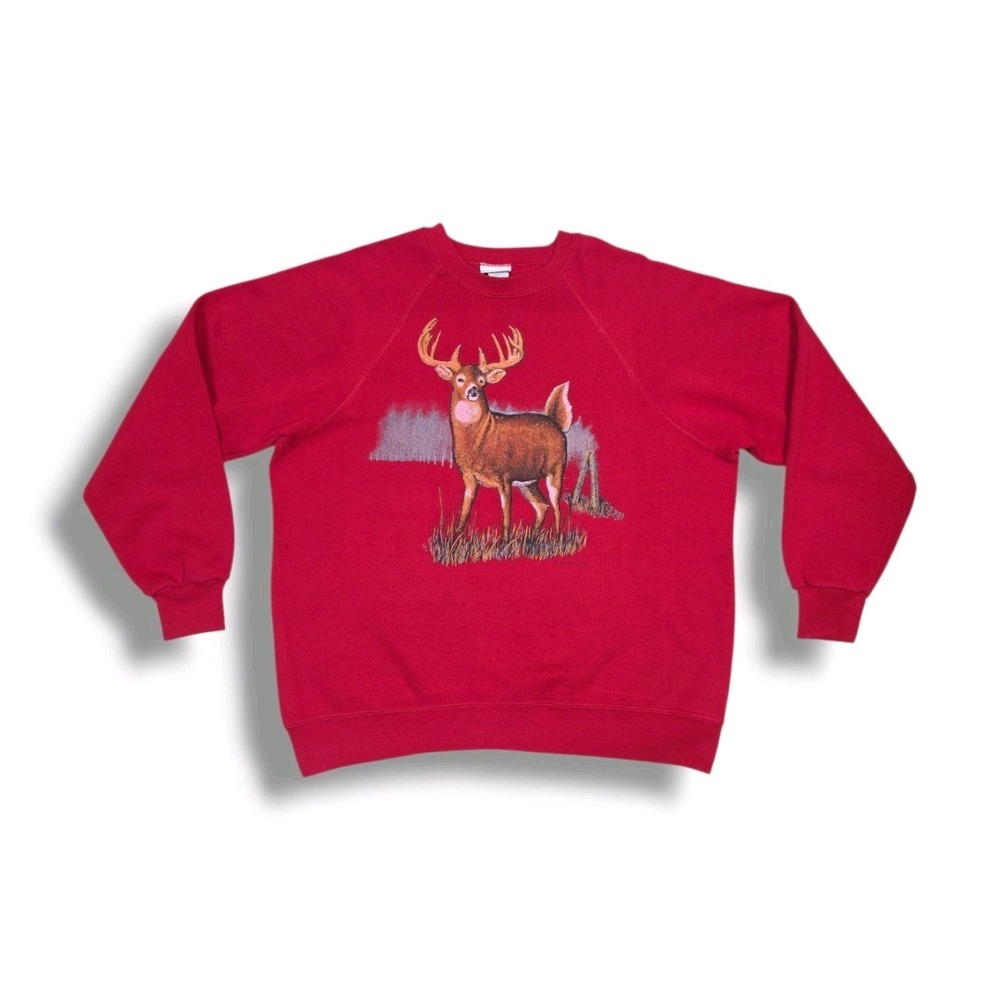 Vintage Bassett Walker Deer Nature Graphic 80's Red Crewneck Sweatshirt Men's XL